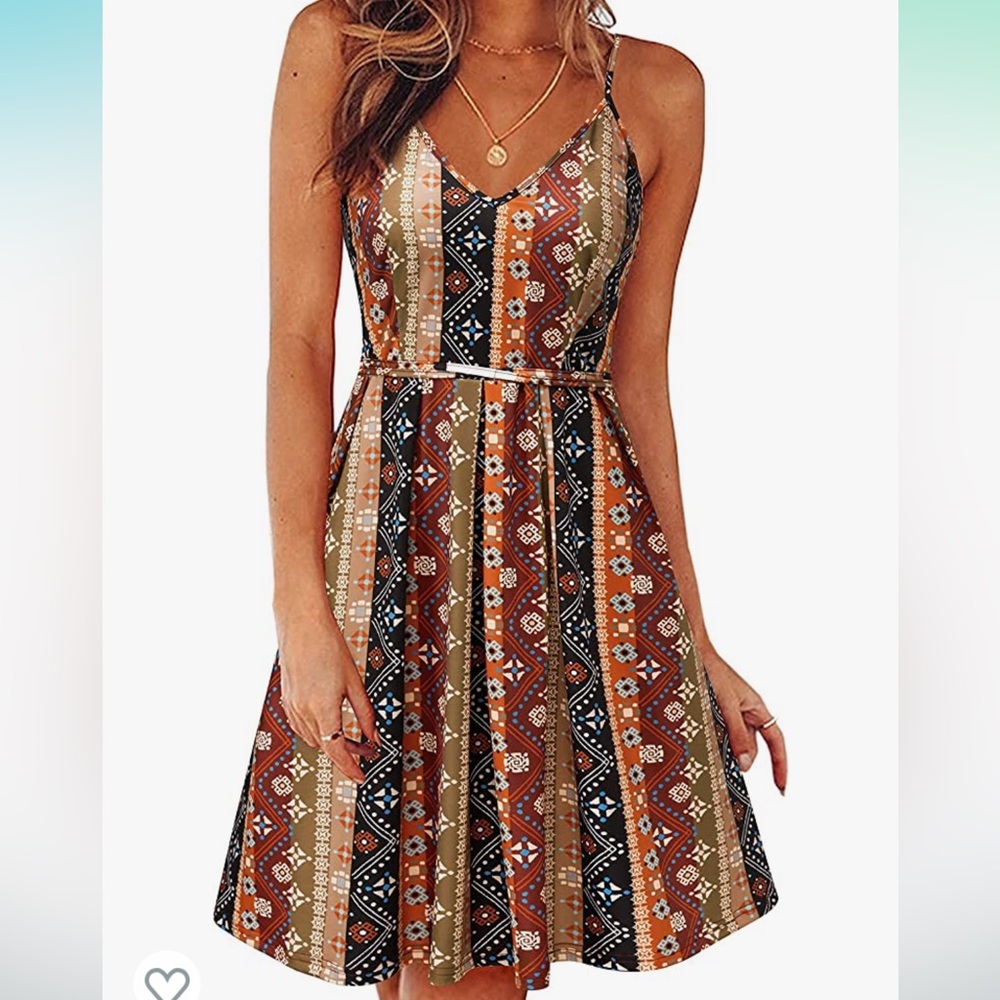 Sundress NEW Geometric Print Brown Black Rust Beige CrissCross Strappy Dress